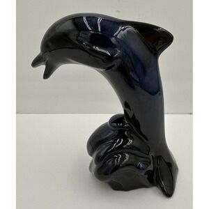 VTG Blue Mountain Pottery Leaping Dolphin Midnight Blue Drip Glaze